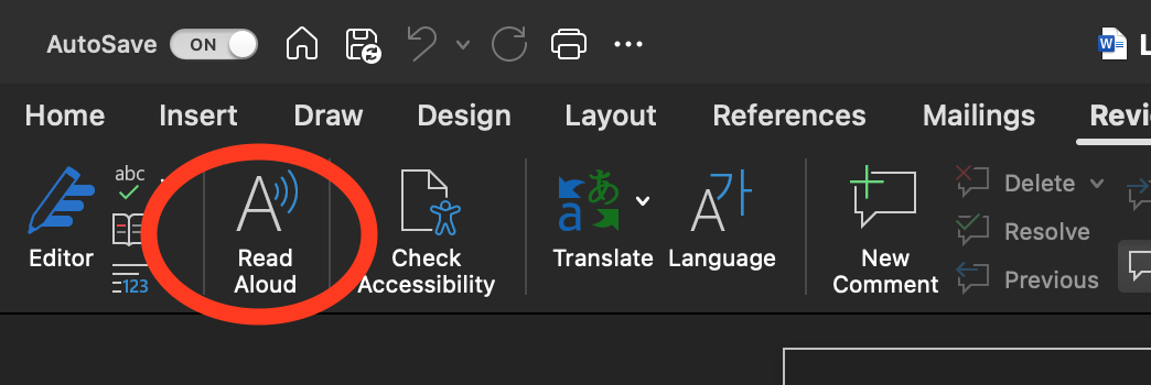 Screenshot showing Microsoft Word's Read Aloud option 