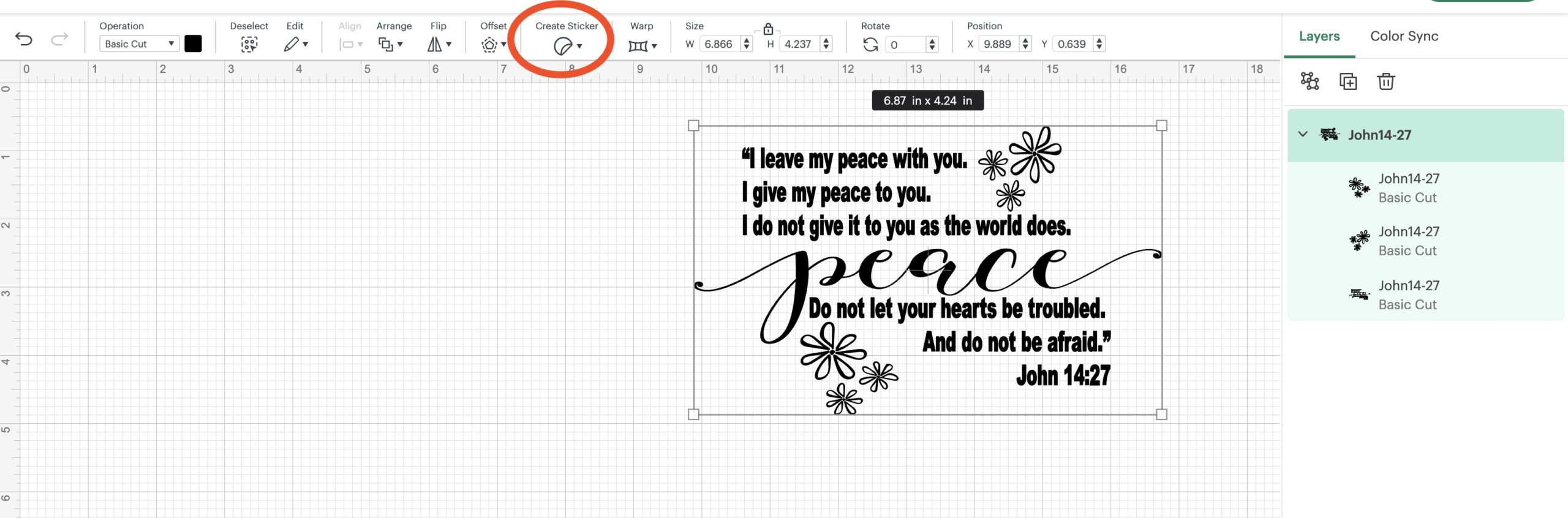 Screen shot of Cricut Design Space showing the Create a Sticker Button