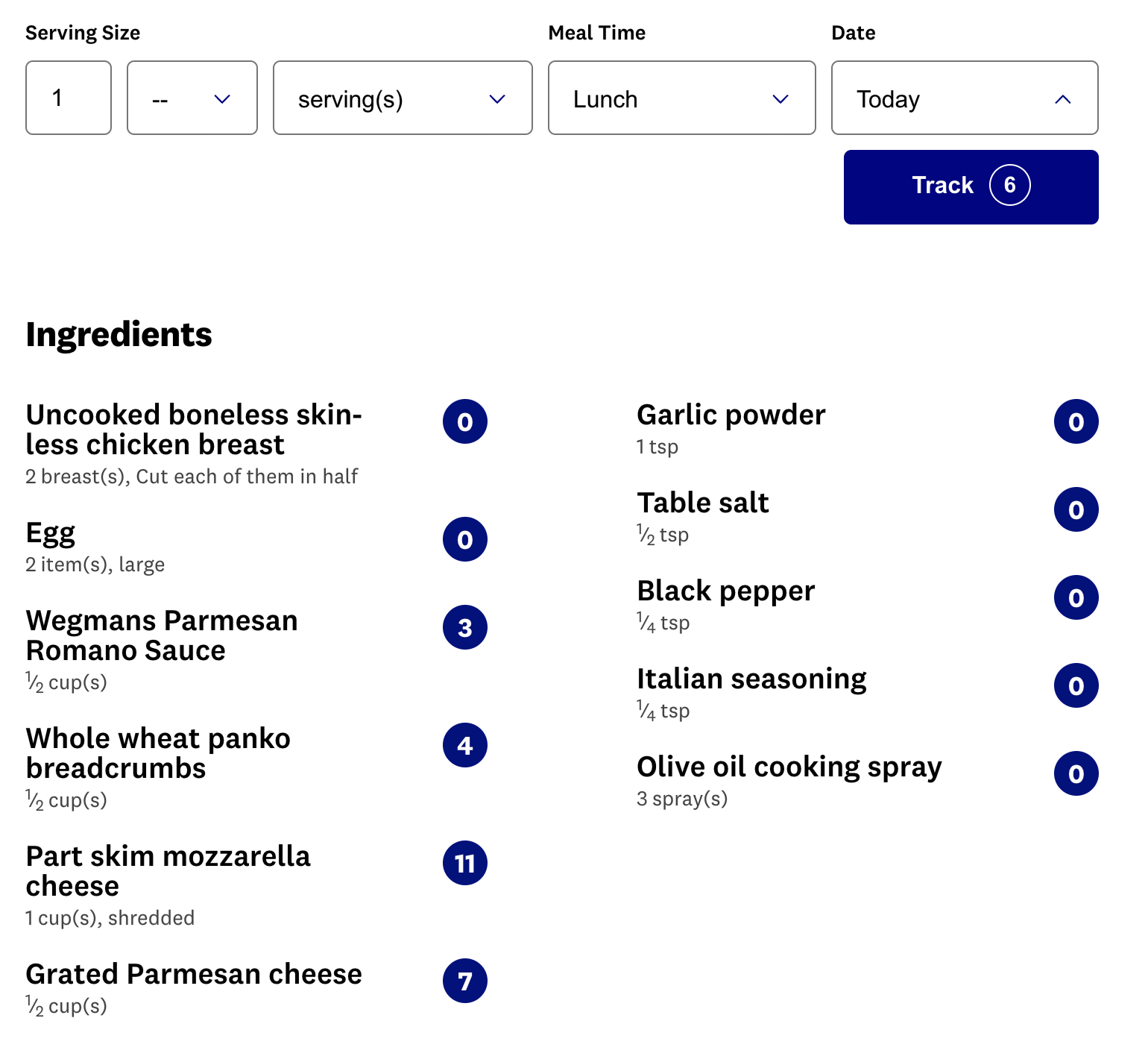 Screen shot of Chicken Parmesan Ingredients with points in WW Recipe Builder